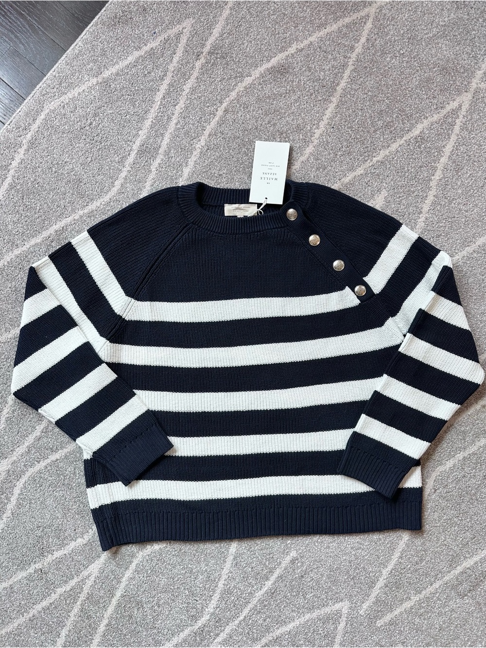 Sézane Gary Jumper in Navy and Cream Stripes w/ Nautical Button Neck Detail
